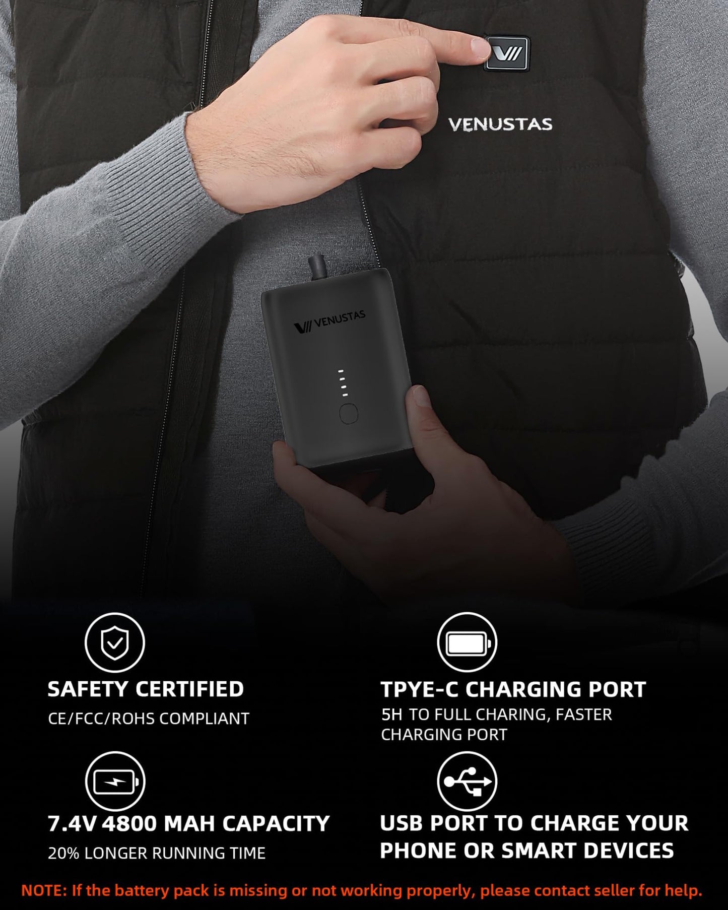 Venustas Men's Heated Vest with 7.4V Battery Pack, Ultra-Thin for Winter Outdoor