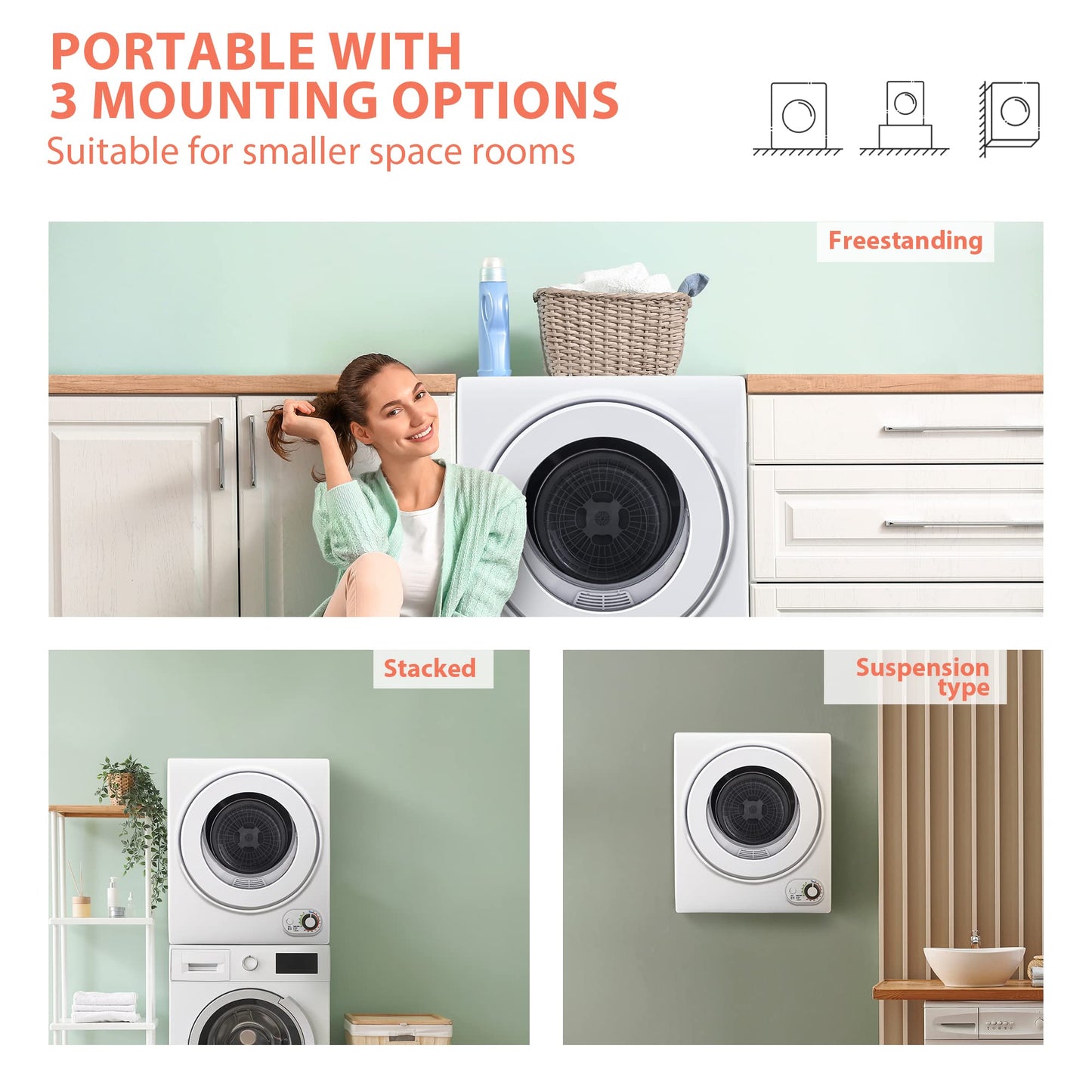 Euhomy 110V Portable Clothes Dryer, 850W Compact Electric Dryer, 1.5 cu.ft, Stainless Steel