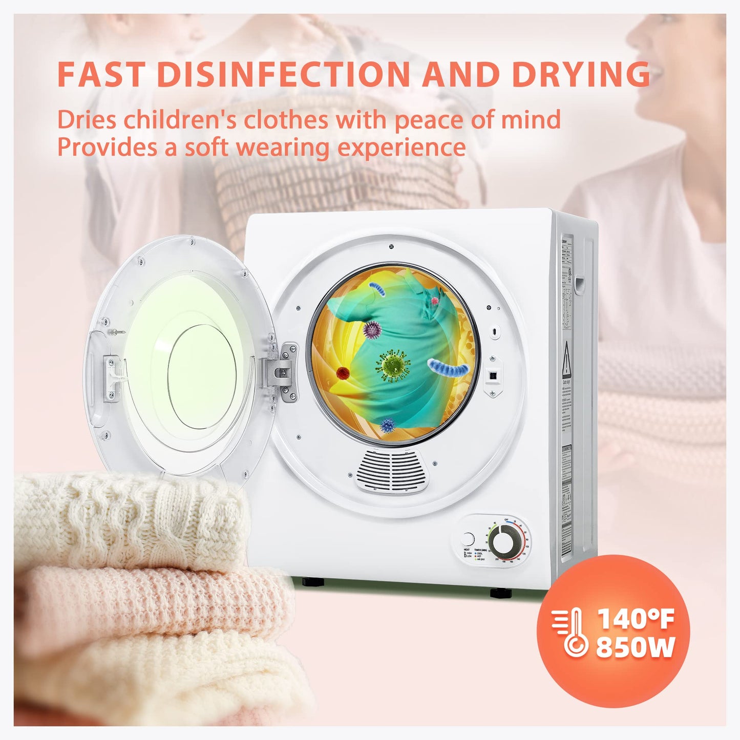 Euhomy 110V Portable Clothes Dryer, 850W Compact Electric Dryer, 1.5 cu.ft, Stainless Steel