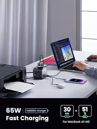 UGREEN 65W Charging Station, 7-in-1 USB C Power Strip with 6ft Extension Cord, 3 AC, 2 USB C, 2 USB A, Nexode GaN Desktop Charger for Home, Office, Travel for MacBook Pro, iPhone 15 Pro and More