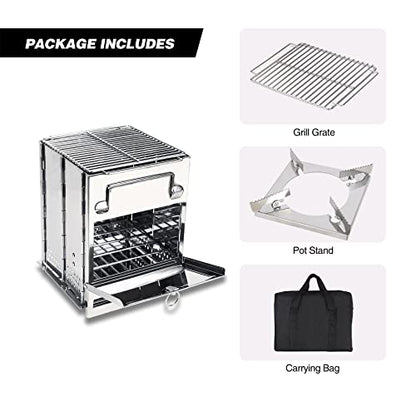 REDCAMP Wood Burning Camping Stove Folding with Pot Stand, Large Portable Stainless Steel 304# Grill Backpacking Stove for Car Camp Cooking Outdoor