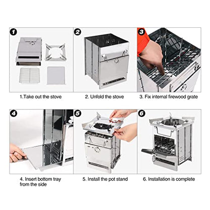 REDCAMP Wood Burning Camping Stove Folding with Pot Stand, Large Portable Stainless Steel 304# Grill Backpacking Stove for Car Camp Cooking Outdoor