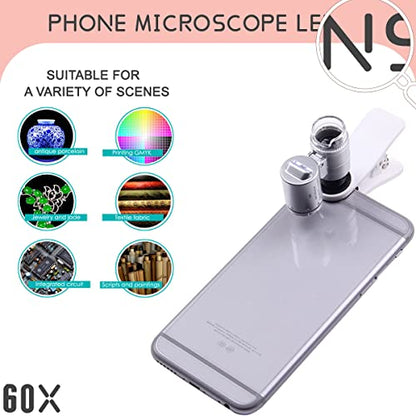 KINGMAS 60X Clip-On Microscope Lens with LED Lights - Universal Phone Compatibility for Precision Magnification