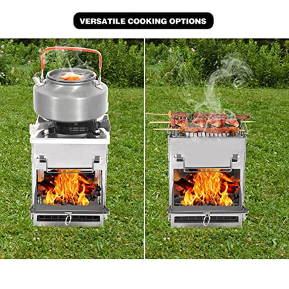 REDCAMP Wood Burning Camping Stove Folding with Pot Stand, Large Portable Stainless Steel 304# Grill Backpacking Stove for Car Camp Cooking Outdoor